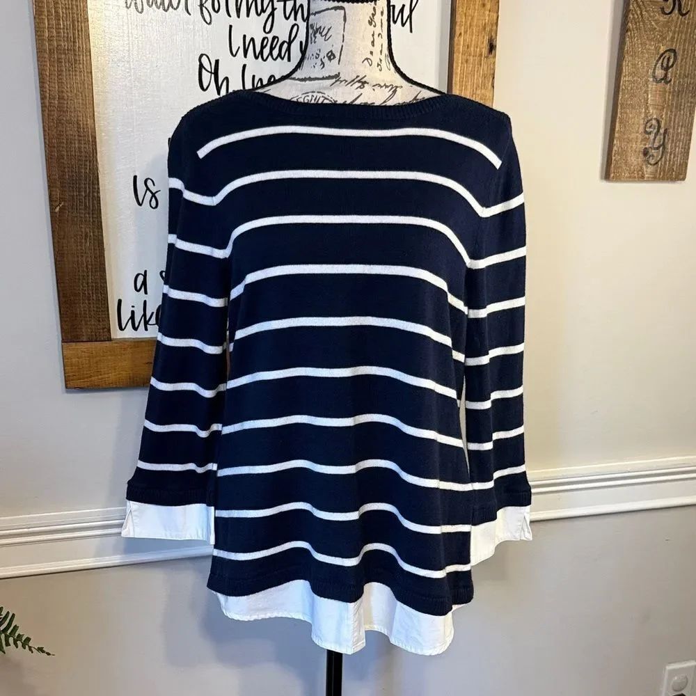 Chico's Navy and White Striped Long Sleeve Top